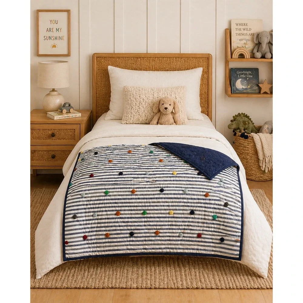 Pottery Barn Kids Pom Pom Quilt Throw 40x50 Striped Navy Cotton
